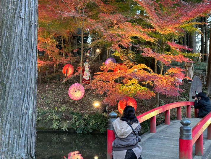 間々田八幡宮の和傘飾りでの撮影風景