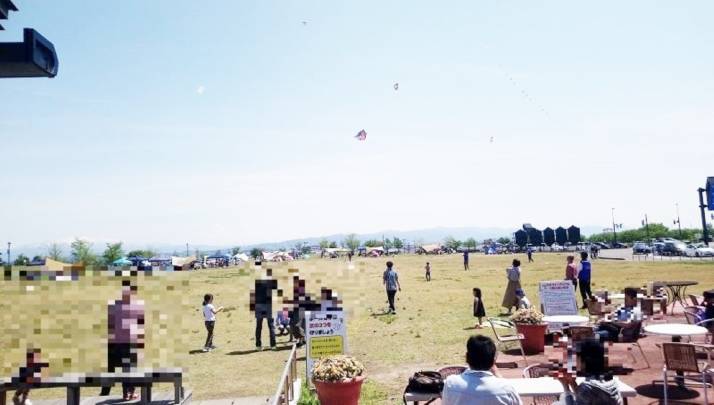 「道の駅 パティオにいがた」の「芝生広場」で凧揚げに興じる人々