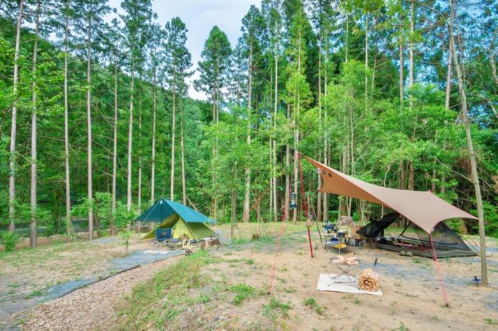 「上小川レジャーペンション」の「木里かぶサイト」でのキャンプ風景