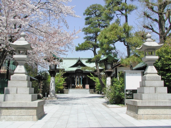桜神宮の社殿とソメイヨシノ