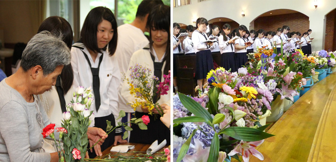 静岡英和女学院中学校・高等学校の施設訪問（左）、花の日礼拝の様子（右）