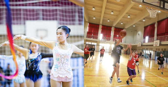 湘南白百合学園中学・高等学校の新体操部とバスケ部の練習風景
