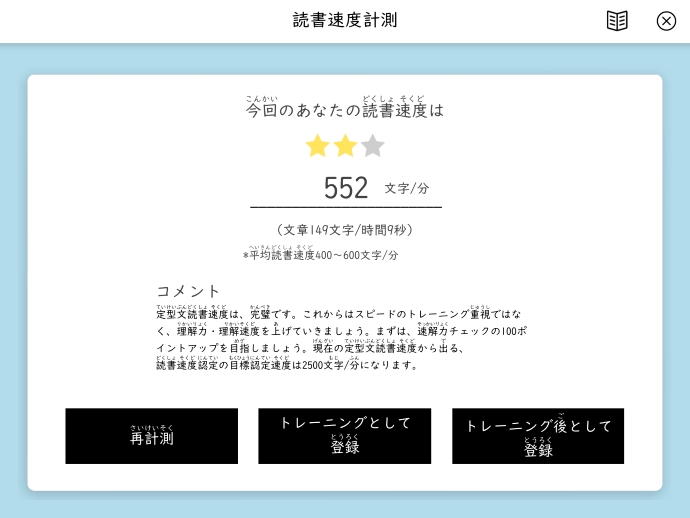 「日本速脳速読協会」の読書速度計測の結果画面