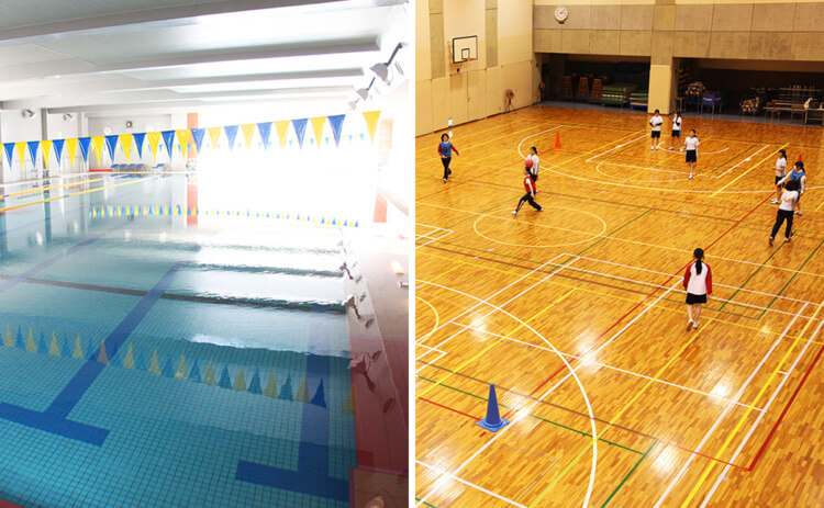 和洋九段女子中学校高等学校の温水プールと体育館
