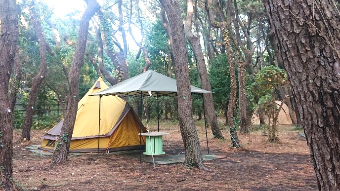 「ちがさき柳島キャンプ場」のセットアップテント風景