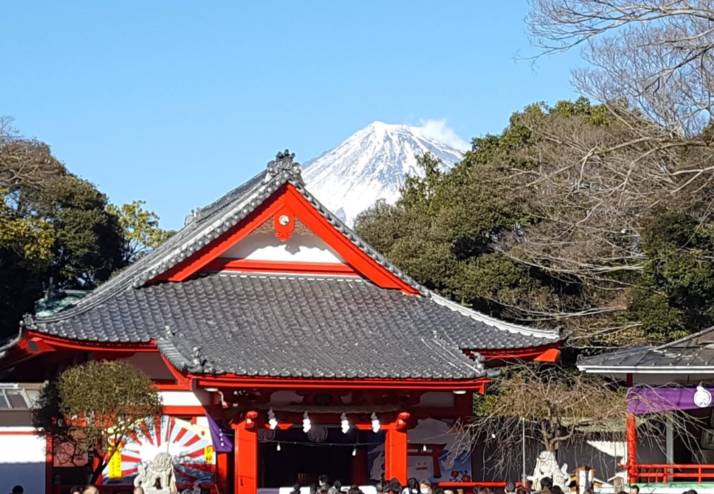 「米之宮浅間神社」の御社殿と富士山